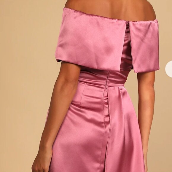 Lulus Pink Satin Off-the-Shoulder Mini Dress, Size L - Picture 8 of 8